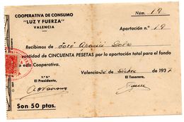 Recibo De Cooperativa De Consumo Luz Y Fuerza De 1937 - España