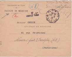 FRANCE 1914 LETTRE TAXEE DE PARIS FACULTE DE MEDECINE - 1859-1959 Covers & Documents