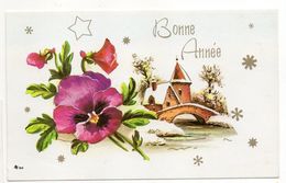 Nouvel An - Bonne Année --carte Mignonnette --Paysage De Neige (village ,pont,pensée,étoile) - Nouvel An