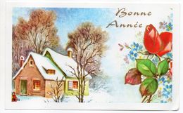 Nouvel An - Bonne Année --carte Mignonnette --Paysage De Neige ( Maison , Rose ) - Nouvel An