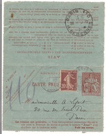 Carte Pneumatique 40c Chaplain + Complément 1921 Destination Paris - Pneumatic Post