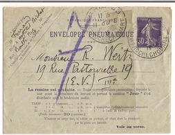 Enveloppe Pneumatique Paris1915 - 30c Semeuse Destination Paris - Pneumatic Post