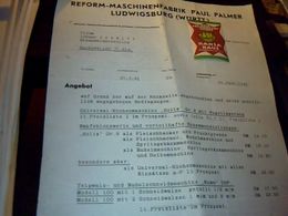 Facture  D Allemagne  A Entete  Refom Maschinen Fabrik Paul Palmer A Ludwisburg  Wurtt 26/02/1941 Ecrite En Allemand - Sonstige & Ohne Zuordnung