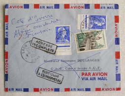 LETTRE ENVELOPPE Non Ouverte,cachets LAON Vers COTE D'IVOIRE ABIDJAN GRAND-BASSAM, Retour à L'envoyeur 1958 - 1960-.... Storia Postale