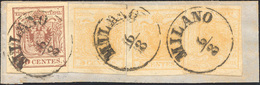 127 1850 - 5 Cent. Giallo Ocra, Tre Esemplari, E 30 Cent. Bruno Lillaceo, II Tipo, A Mano (1,9), Perfett... - Lombardo-Vénétie