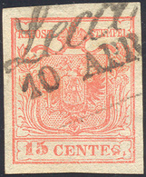 143 1850 - 15 Cent. II Tipo, Seconda "S" Di "centes" Deformata (4f), Usato, Perfetto.... - Lombardy-Venetia