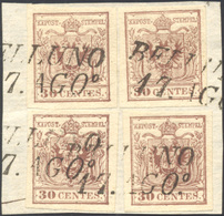 147 1854 - 30 Cent. Bruno Lillaceo, II Tipo, Carta A Mano (9), Quattro Esemplari Perfetti, Usati Su Fram... - Lombardo-Venetien