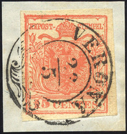 154 1851 - 15 Cent. Rosso Vermiglio Chiaro, II Tipo, Carta A Coste Verticali (15a), Perfetto, Usato Su P... - Lombardo-Vénétie