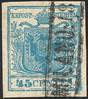 155 1856 - 45 Cent. Azzurro, Carta A Coste Verticale (17), Usato, Perfetto, Varietà Di Stampa. Caffaz.... - Lombardo-Vénétie