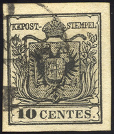 158 1857 - 10 Cent. Nero, Carta A Macchina (19), Usato, Perfetto. Bello. G.Oliva, Cert. Diena.... - Lombardo-Vénétie