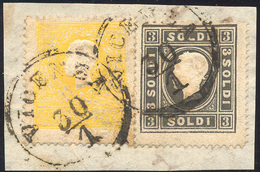 168 1858 - 2 Soldi Giallo E 3 Soldi Nero, Entrambi I Tipo (23,24), Perfetti, Usati Su Frammento A Vicenz... - Lombardo-Vénétie