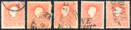 188 1859 - 5 Soldi Rosso, II Tipo (30), Cinque Esemplari Usati, Tutti Con Macchie Di Inchiostro Di Stamp... - Lombardo-Vénétie