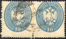 214 1863 - 10 Soldi Azzurro, Dent. 14, Coppia Con Dentellatura Orizzontale Fortemente Spostata In Basso,... - Lombardo-Vénétie