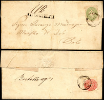 220 1864 - 3 Soldi Verde E, Al Verso, 5 Soldi Rosa, Dent. 9 1/2 (42,43), Perfetti, Su Sovracoperta Di Ra... - Lombardo-Venetien