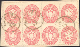 221 1864 - 5 Soldi Rosa, Dent. 9 1/2 (43), Eccezionale Blocco Di Otto Usato A Padova Su Frammento, Perfe... - Lombardo-Vénétie