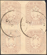 238 1863 - 1,05 S. Bruno Grigiastro (11), Blocco Di 4 Con Filigrana Centrale, Perfetto, Usato A Verona 1... - Lombardo-Vénétie