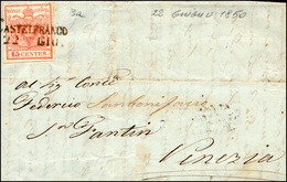 273 CASTELFRANCO, SD Ig Punti 10 - 15 Cent. (3a), Leggero Plì D'accordeon, Su Lettera Del 22/6/1850, Pri... - Lombardo-Venetien