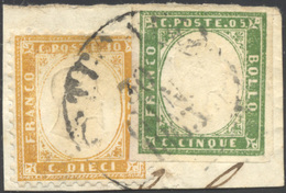 1192 1862 - 10 Cent. Bistro Giallastro, In Affrancatura Mista Con 5 Cent. Verde Cupo IV Di Sardegna (1,13... - Autres & Non Classés