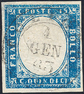 1216 1863 - 15 Cent. Azzurro Tipo Sardegna (11), Perfetto, Usato Il Primo Giorno D'emissione 1/1/1863. Fe... - Other & Unclassified