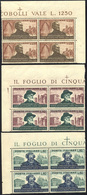 2029 1951 - Verdi (677/679), Ottima Centratura, Blocchi Di Quattro Bordo/angolo Di Foglio, Gomma Integra,... - Other & Unclassified