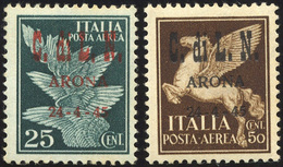 2145 ARONA 1945 - 25 E 50 Cent. Posta Aerea Soprastampati (14/15), Gomma Integra, Perfetti, Rari! Cert. C... - Nationales Befreiungskomitee