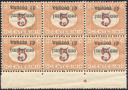 2204 TRENTO E TRIESTE SEGNATASSE 1919 - 5 Su 5 Cent., Soprastampa Capovolta (2a), Blocco Di 6, Bordo Di F... - Autres & Non Classés