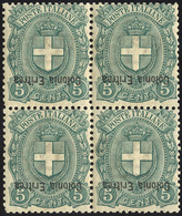 2440 1897 - 5 Cent., Soprastampa Capovolta (14b), Blocco Di Quattro, Gomma Integra, Perfetto. A.Diena, G.... - Eritrea