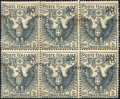 2445 1916 - 20 Su 15 + 5 Cent. Croce Rossa (43), Blocco Di Sei Con Soprastampa Fortemente Spostata In Sen... - Erythrée