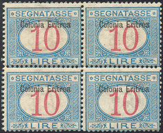 2463 SEGNATASSE 1903 - 10 Lire Soprastampa In Alto (11), Blocco Di Quattro, Gomma Originale Integra, Perf... - Eritrea