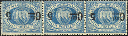 2614 1892 - 5 Cent. Su 10 Cent. Azzurro, Soprastampa Capovolta (8a), Striscia Di Tre Con Un Esemplare Con... - Other & Unclassified