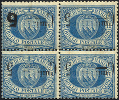 2616 1892 - 5 Cent. Su 10 Cent. Azzurro, Soprastampa Capovolta (8a,8a/v,8a/x), Blocco Di Quattro Pos. 3/4... - Other & Unclassified
