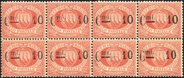 2623 1892 - 10 Cent. Su 20 Cent. Rosso Soprastampato (10), Blocco Di Otto, Pos. 11/14 E 16/19, Con Variet... - Autres & Non Classés