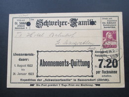 Schweiz 1922 Abonnements Quittung Der Schweizer Familie. Verlag Ed. Schäubli. Nachnahmekarte - Cartas & Documentos