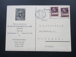 Schweiz 1930 Postkarte Briefmarkenhaus M. Franceschetti & Cie. Zürich. Briefmarkenhandel. Nach Holand Gesendet - Cartas & Documentos