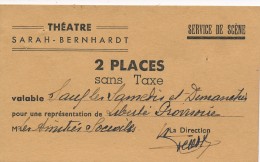 Ancien Ticket De Théâtre Entrée Gratuite Théâtre Sarah Bernhardt Paris - Tickets D'entrée