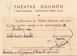 Ancien Ticket De Théâtre Entrée Gratuite Théâtre DAUNOU Paris - Toegangskaarten