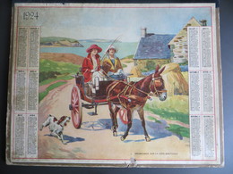 Calendrier Grand Format 1924 Promenade Sur La Côte Bretonne Attelage Ane Femme Chien - Grossformat : 1921-40