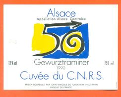 étiquette Vin D'alsace Gewurztraminer 1990 Cuvée Du C N R S Cave Vinicole à Turckheim - 75 Cl - Gewurztraminer