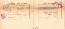 Taxe 37 Et Paix 283  Sur Avis De Colis Postal De Chalon-sur-Saône à La Courneuve (1934) - 1859-1959 Lettres & Documents