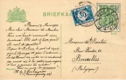 2.III.21 Onv. Gefr.bk Van BAARN Naar Brussel Met Portzegel Van 30 Centimes (tekst) - Brieven En Documenten
