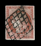 O N°7 - 1F Vermillon - Obl. Grille - Certif. Scheller - TB - 1849-1850 Cérès