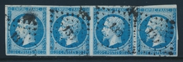 O N°14Ad - Bde De 4 - Bleu S/vert - Pli Horiz. - 1853-1860 Napoléon III