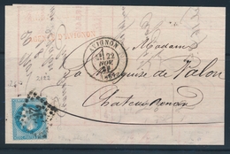 LAC N°29Bc - Aux Abeilles - Obl. G.ch.Avignon - Décompte Crédit Agricole - 22 Nov 1869 - TB - Sin Clasificación