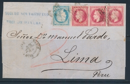 LAC N°32 Bde De 3, N°37 (afft 2F60) Obl étoile Muette - 1er Sept. 1871 - Par Voie De Southampton - Voie De Panama - Pour - Correo Marítimo