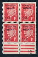 ** Digne - Pétain 1F Rouge - Bloc De 4 - BDF - Signé MAYER - TB - Befreiung