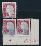 ** N°1263 - Bloc De 3 - Coin Daté 23/3/61 - Tâches Grises - TB - Unused Stamps