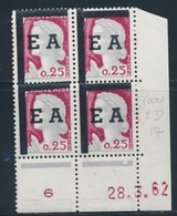 ** TIMBRES DE FRANCE SURCH. "EA" N°1263 - Bloc De 4 - Coin Daté 28/3/62 - TB - Vide