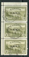 Canada 1949 Official 10 Cent Great Bear Lake  Issue Overprinted OHMS #O6 Strip Of 3 - Surchargés