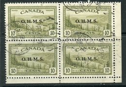 Canada 1949 Official 10 Cent Great Bear Lake  Issue Overprinted OHMS #O6 Block Of 4 - Sovraccarichi