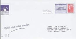 D0835 - Entier Postal / Stationery / PAP Réponse Beaujard Fondation Recherche Médicale - Agrément 09P528 - Prêts-à-poster: Réponse /Beaujard